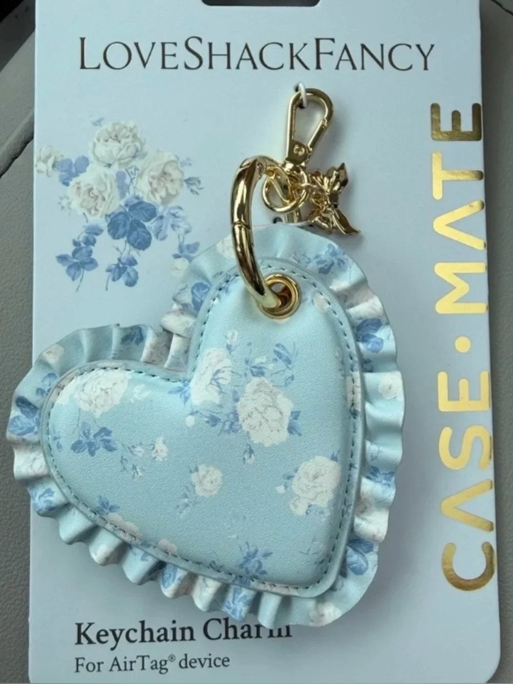 LoveShackFancy Light Blue Floral Heart Keychain Charm with Gold Hardware NWT